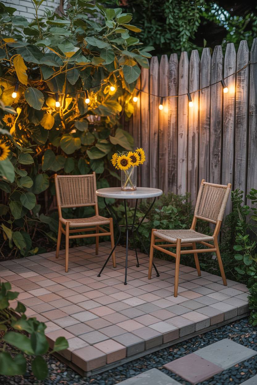 33 Paver Patio Ideas to Transform Your Outdoor Space 29 Warm gray paver patio with round bistro table, woven chairs and string light canopy