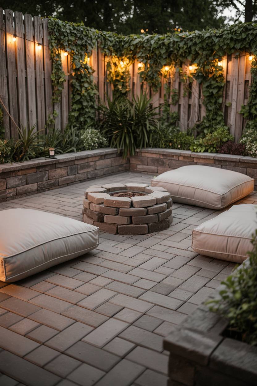 33 Paver Patio Ideas to Transform Your Outdoor Space 30 Gray herringbone pavers with circular river stone fire pit and scattered cream cushions
