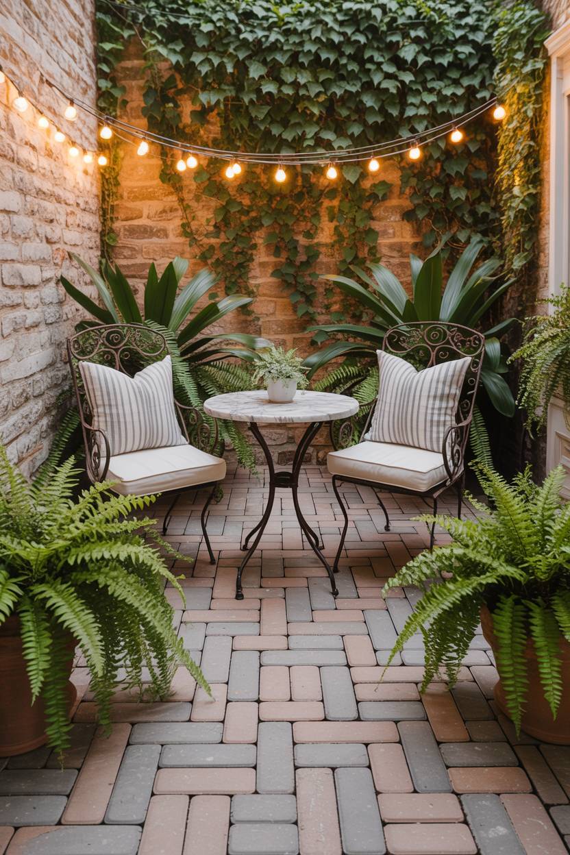 33 Paver Patio Ideas to Transform Your Outdoor Space 31 Warm gray herringbone pavers with wrought iron bistro set featuring marble tabletop under string lights