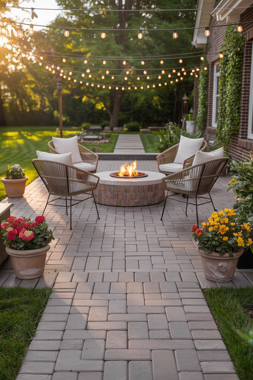 33 Paver Patio Ideas to Transform Your Outdoor Space 32 Warm gray herringbone pavers with circular fire pit, woven chairs and colorful flower displays