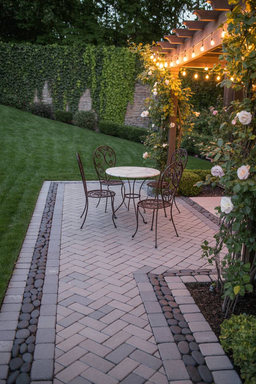 33 Paver Patio Ideas to Transform Your Outdoor Space 33 Warm gray herringbone pavers with marble-top bistro set under pergola with climbing roses