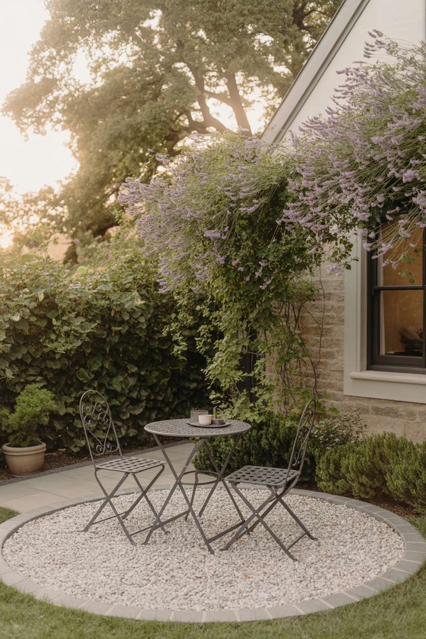 Circular pea gravel patio with wrought iron bistro set surrounded by dark pavers and climbing lavender vines