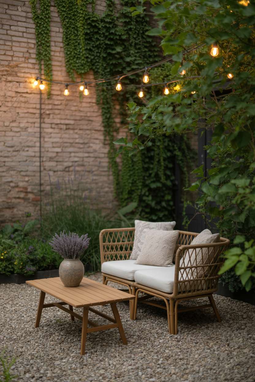 Pea gravel patio featuring rattan loveseat with patterned cushions and overhead string lights