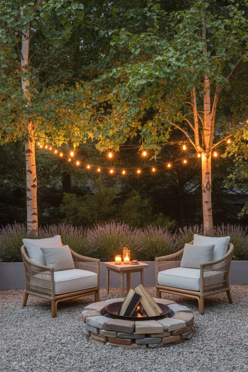 Circular stone fire pit surrounded by rattan chairs on pea gravel with fairy lights overhead