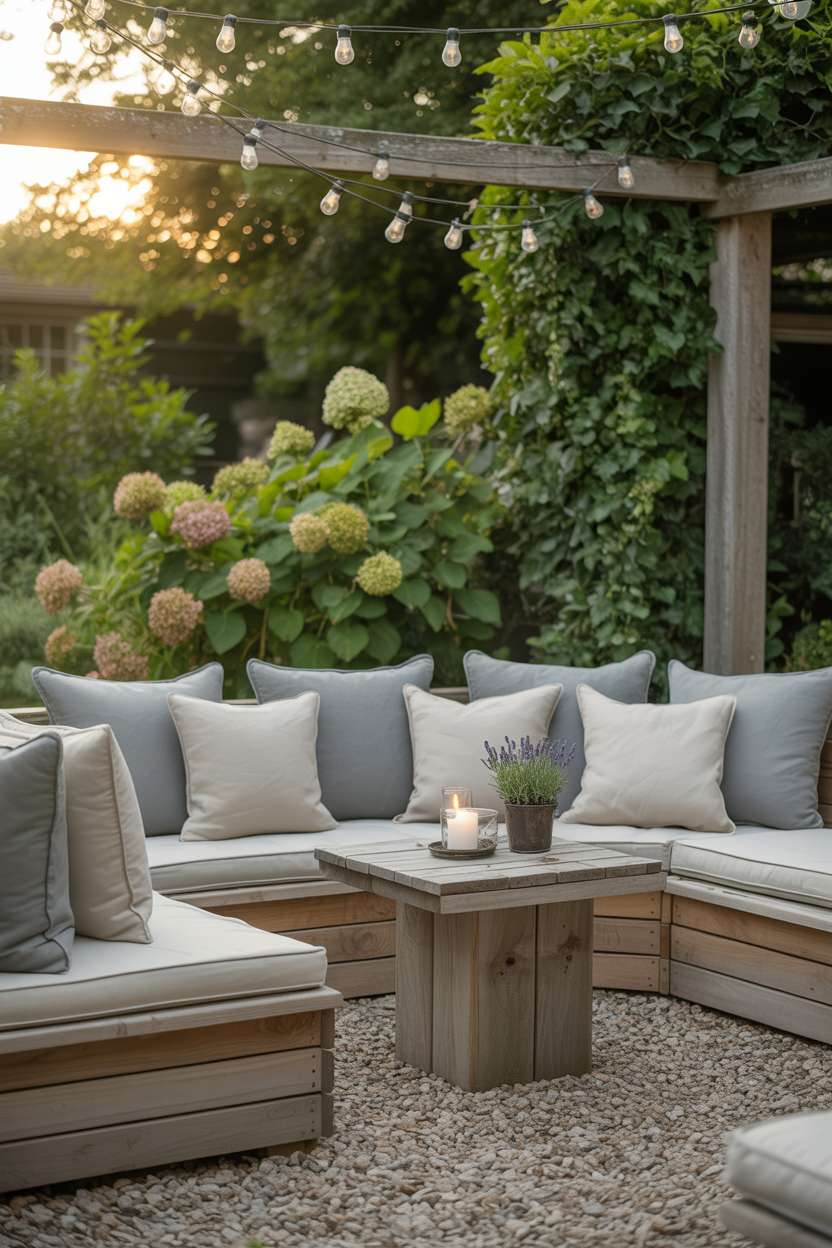 Circular teak seating area with linen cushions and rustic table on pea gravel patio