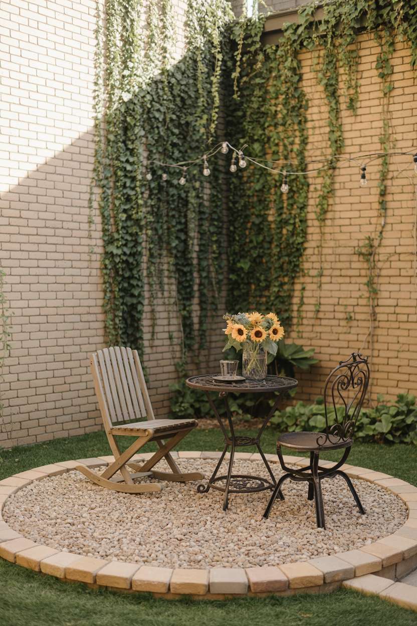 Wrought iron bistro table with sunflowers and vintage rocking chair on circular pea gravel patio