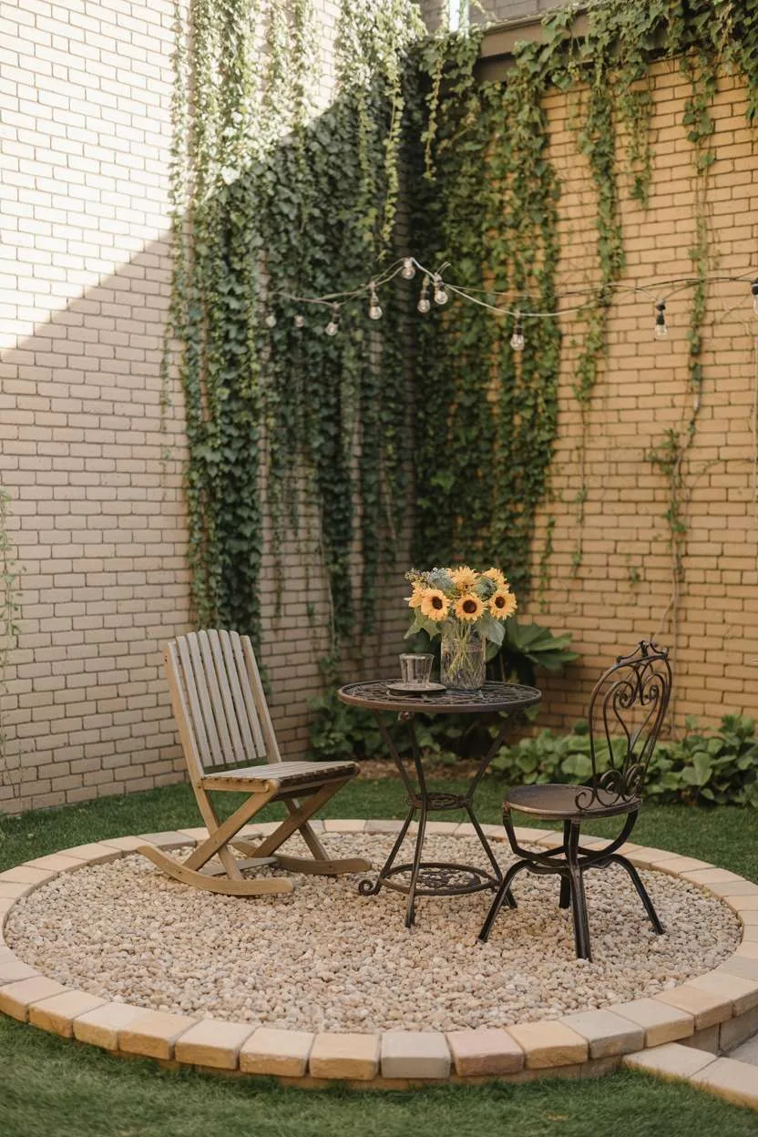 Wrought iron bistro table with sunflowers and vintage rocking chair on circular pea gravel patio