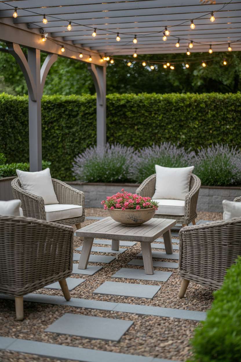 Pea gravel and paver patio with rattan chairs around wooden coffee table under pergola