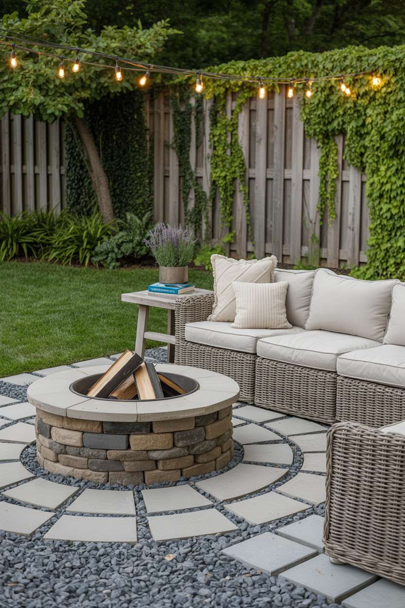 Weathered stone fire pit with wicker sectional sofa and string lights on mixed paver and gravel patio