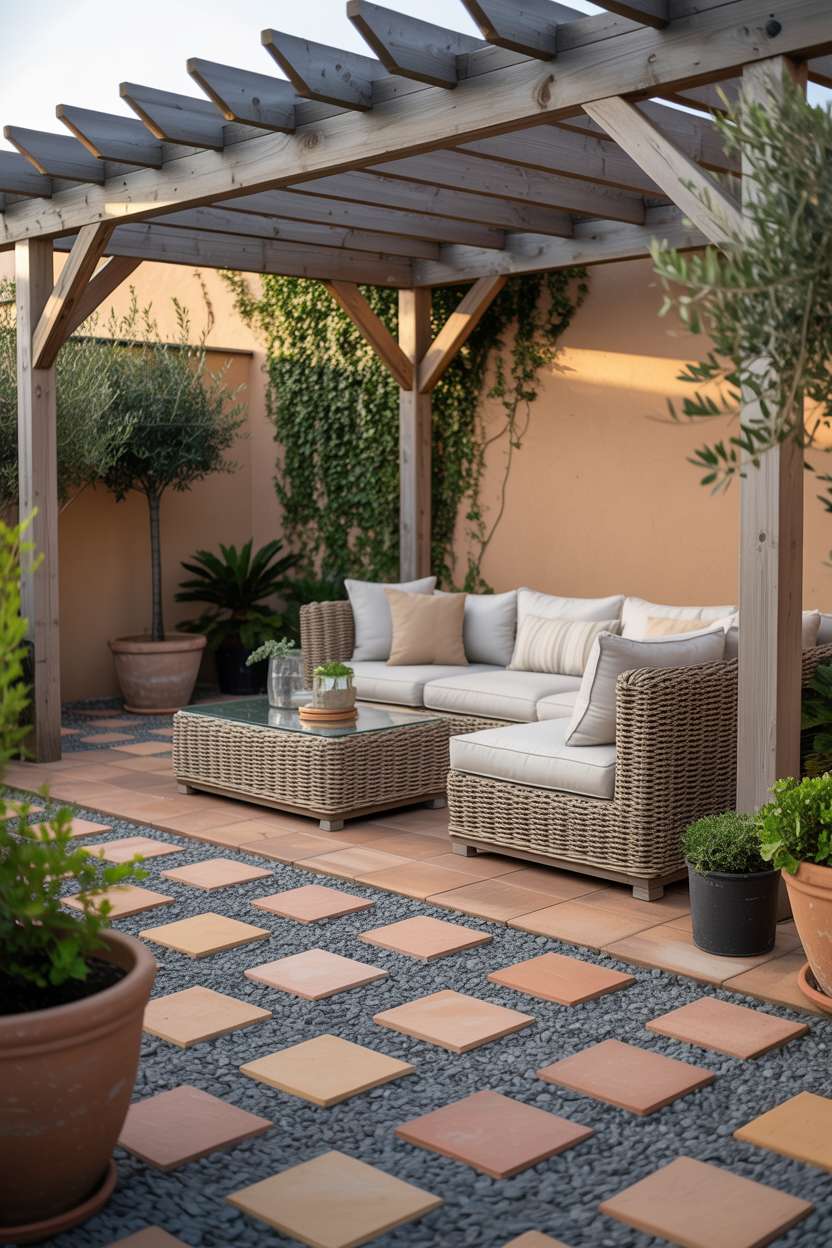 Pea gravel and terracotta paver patio with geometric pattern under wooden pergola with rattan furniture