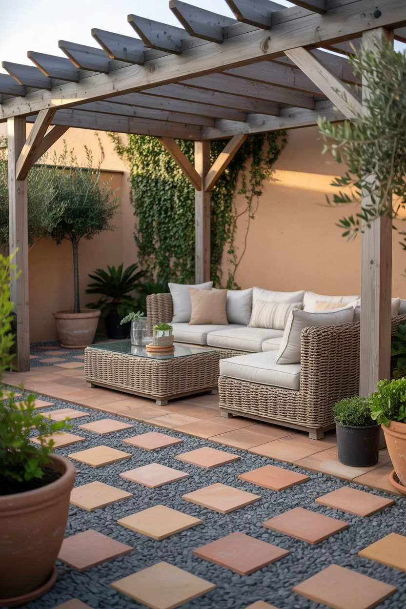 Pea gravel and terracotta paver patio with geometric pattern under wooden pergola with rattan furniture