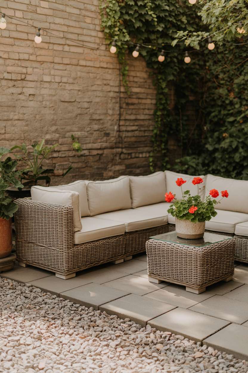 Mixed pea gravel and gray paver patio with rattan sectional and climbing ivy wall