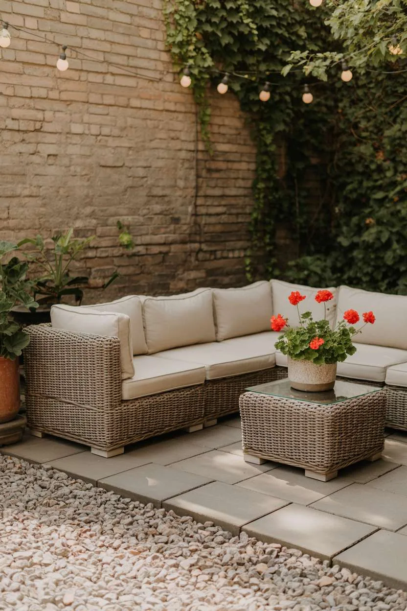 Mixed pea gravel and gray paver patio with rattan sectional and climbing ivy wall