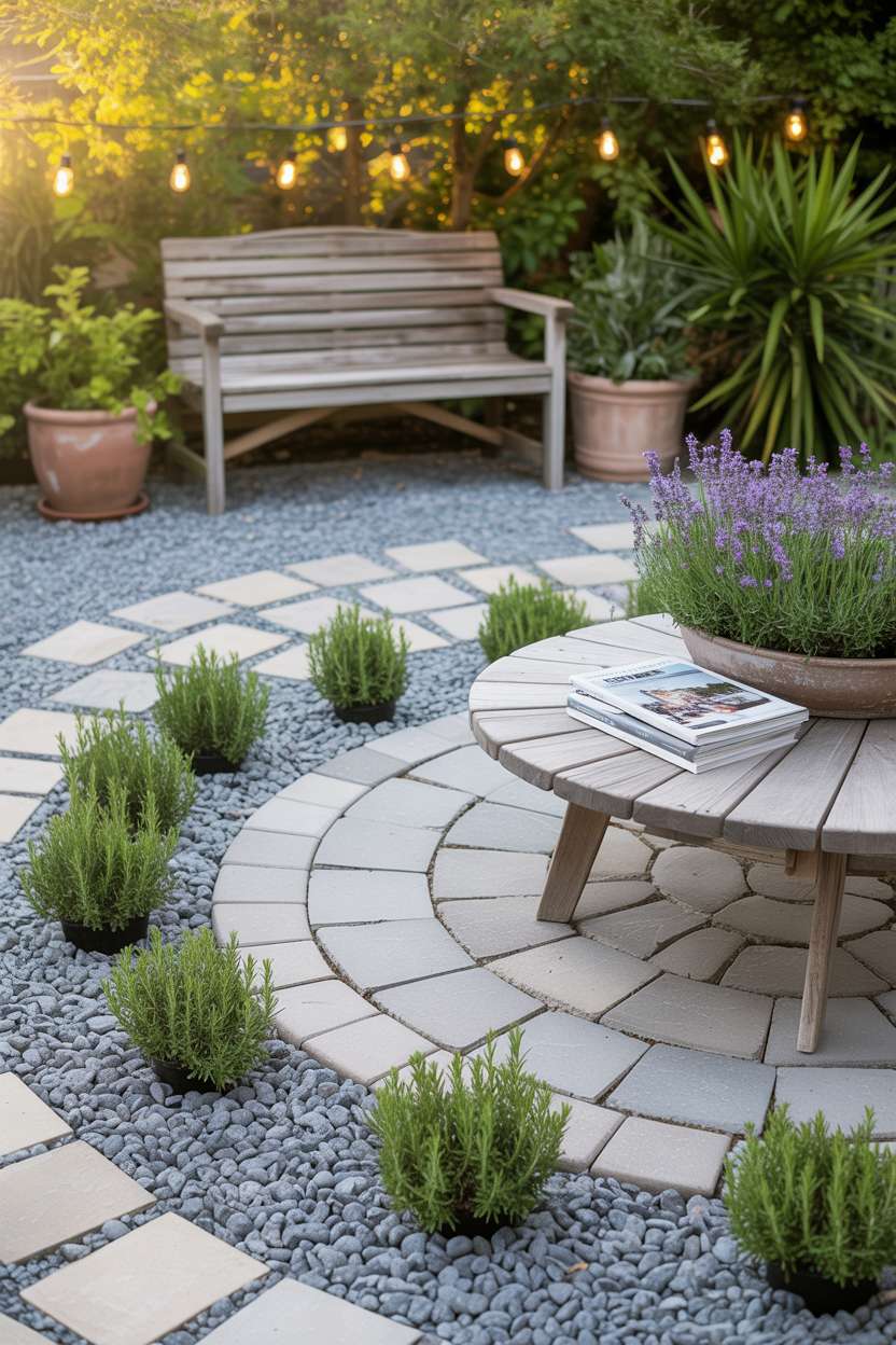 Circular paver seating area surrounded by pea gravel border with wooden bench and potted herbs