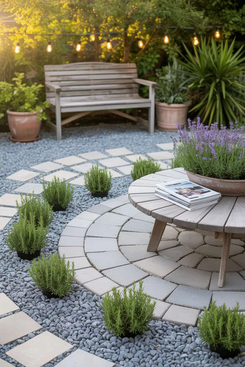 Circular paver seating area surrounded by pea gravel border with wooden bench and potted herbs