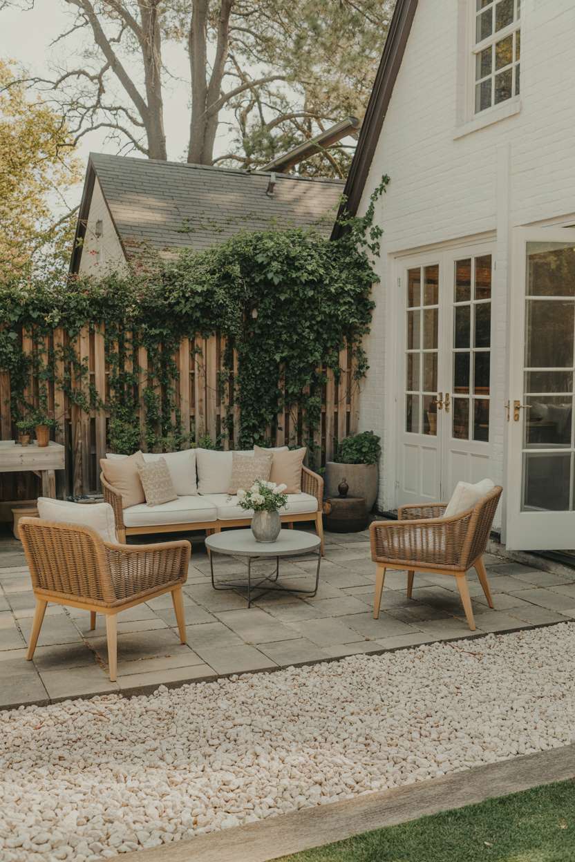 White cushioned bench with beige pillows against ivy-covered fence on stone tile patio with gravel border