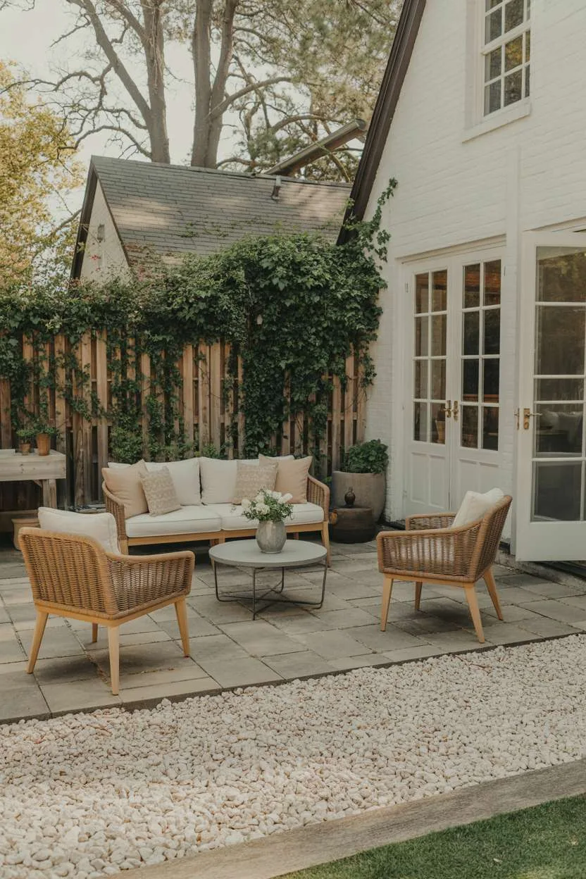 White cushioned bench with beige pillows against ivy-covered fence on stone tile patio with gravel border