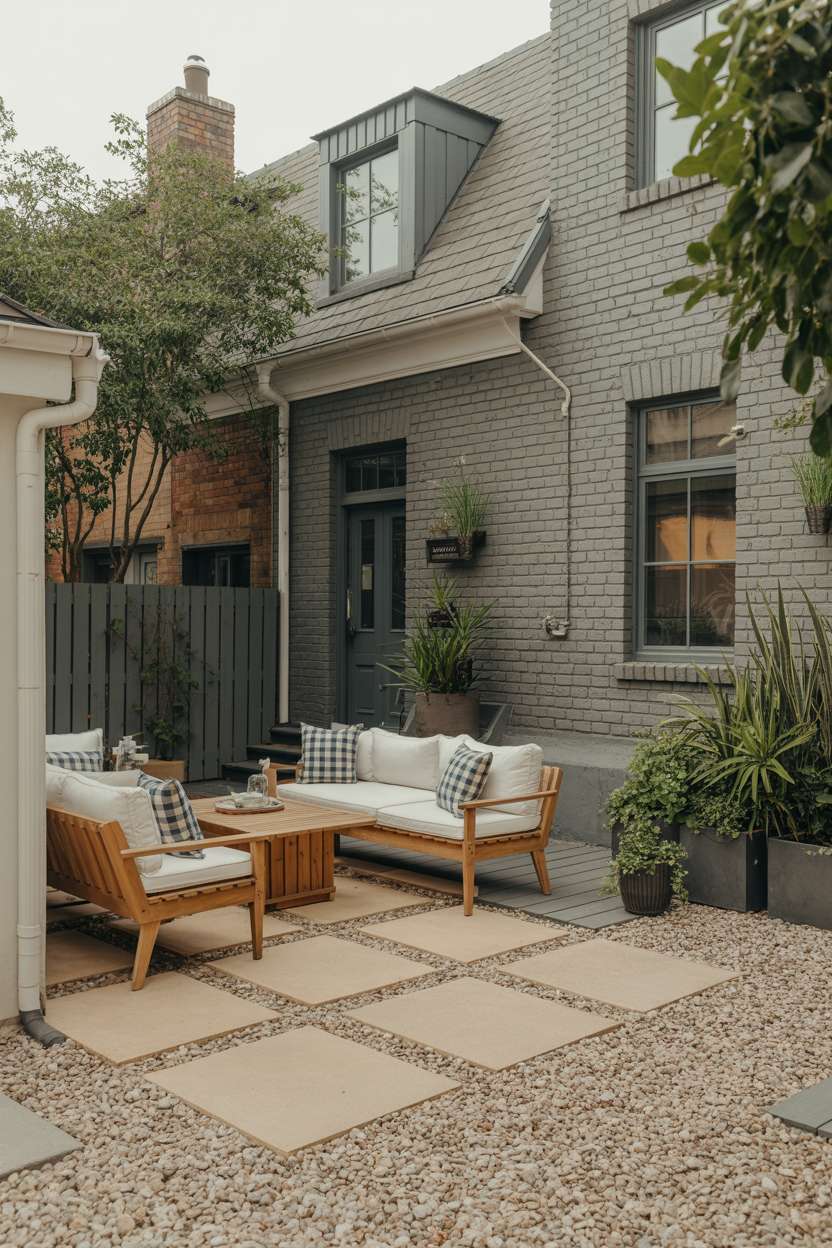Geometric beige stone tiles on gravel with wooden teak chairs and black planters