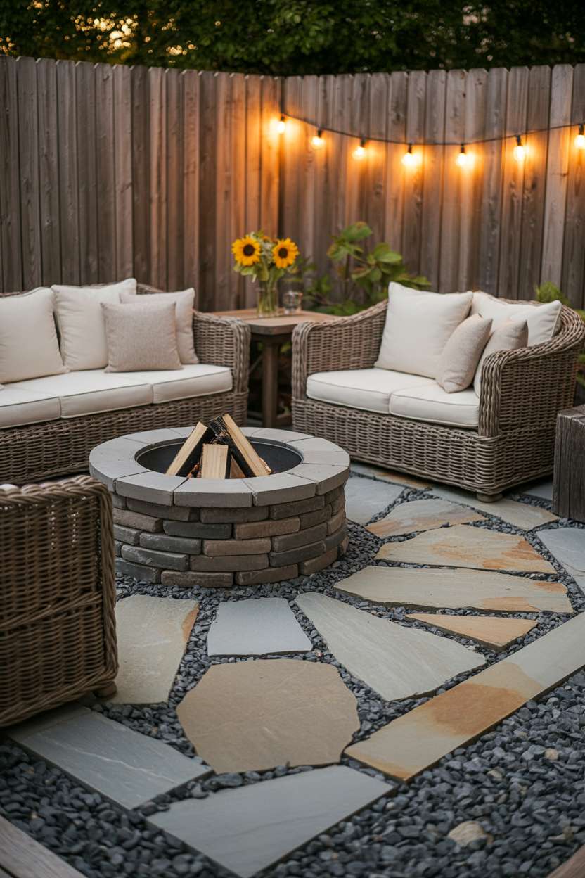 Circular grey stone fire pit surrounded by wicker seating with sunflowers on flagstone and pea gravel patio