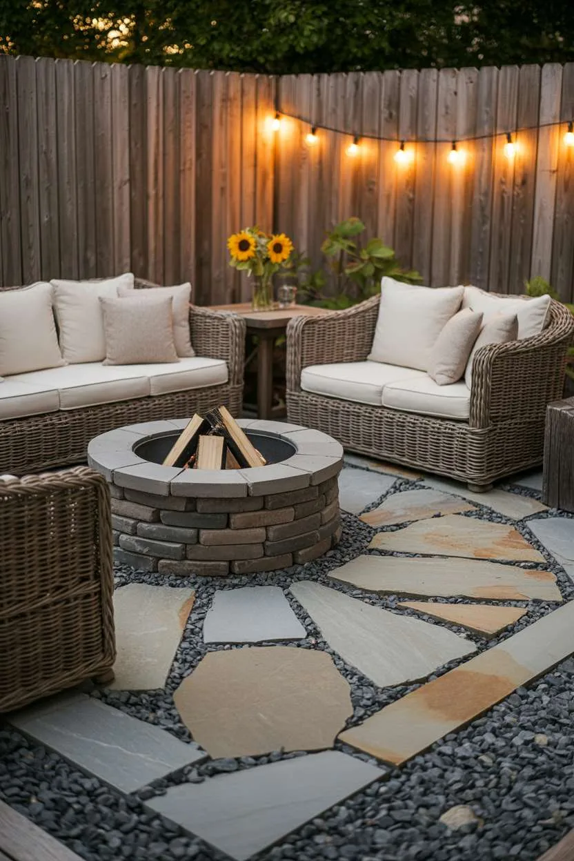 Circular grey stone fire pit surrounded by wicker seating with sunflowers on flagstone and pea gravel patio