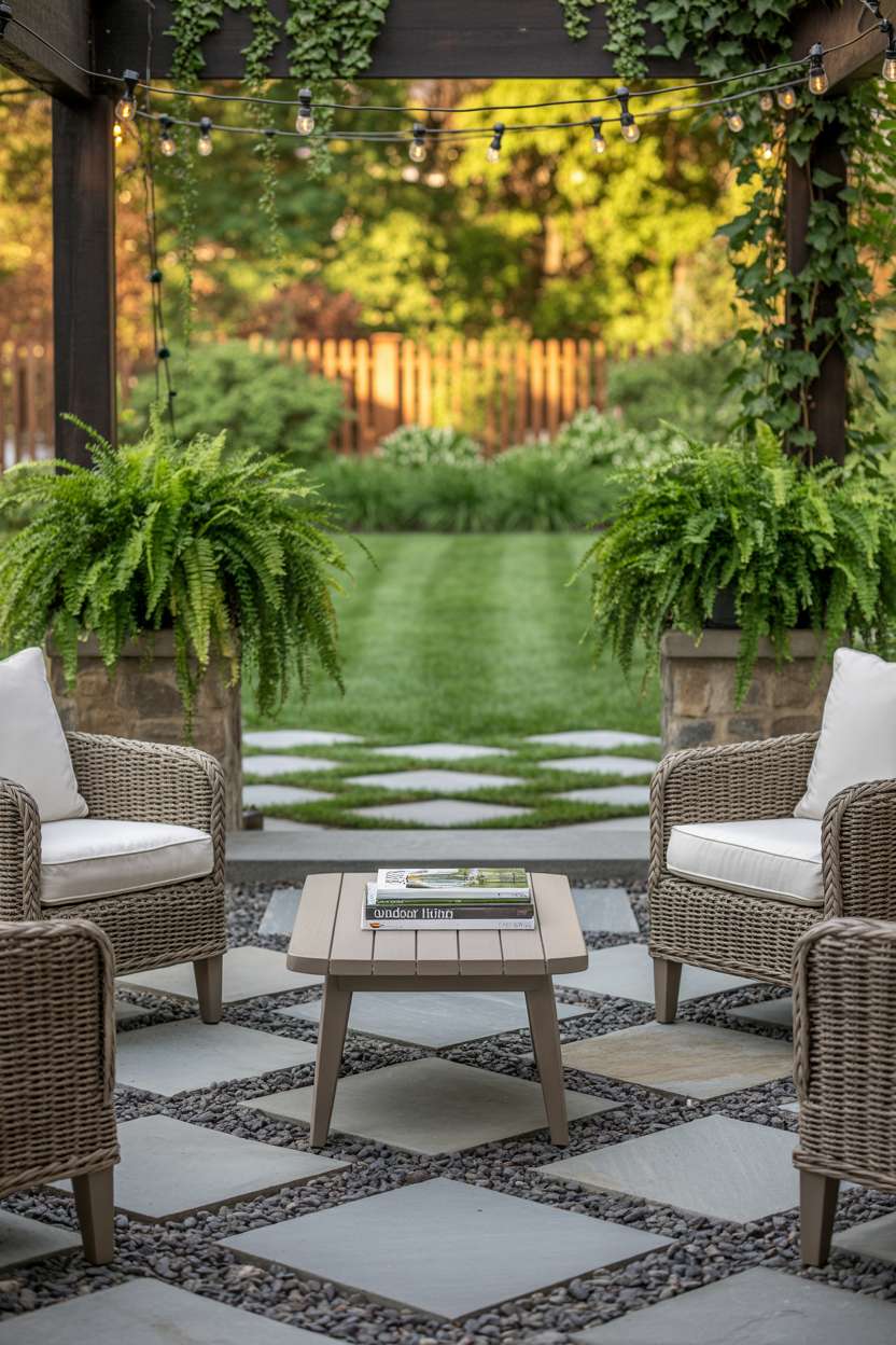 Flagstone and pea gravel patio with rattan chairs and outdoor living magazines on wooden coffee table