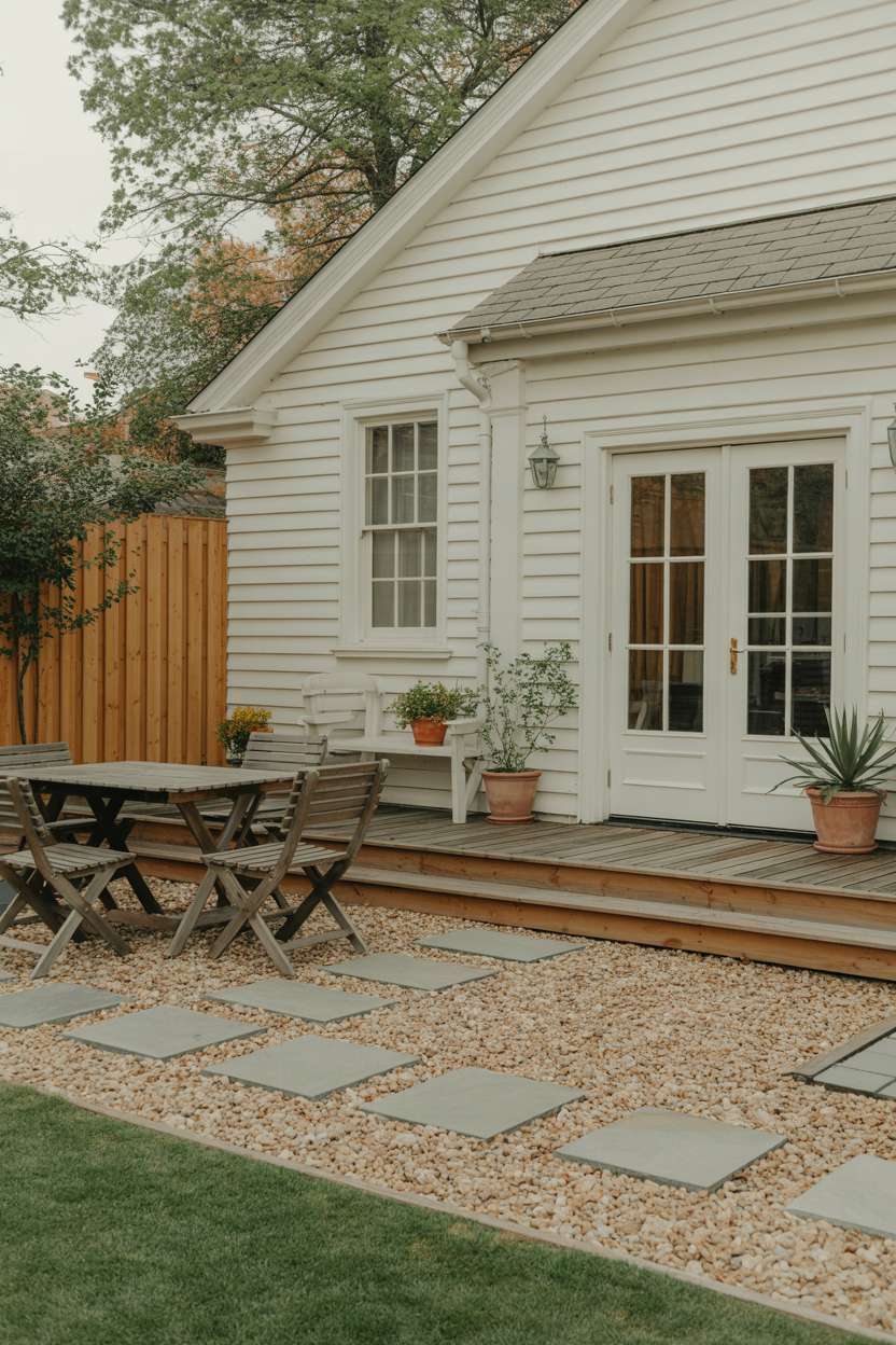 White vinyl house with wooden deck and geometric gray paver pathway across beige gravel