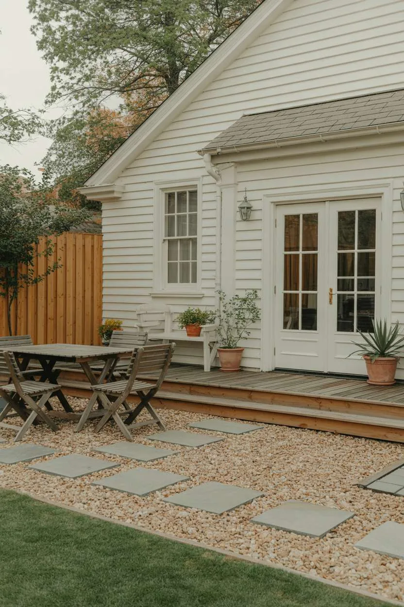 White vinyl house with wooden deck and geometric gray paver pathway across beige gravel