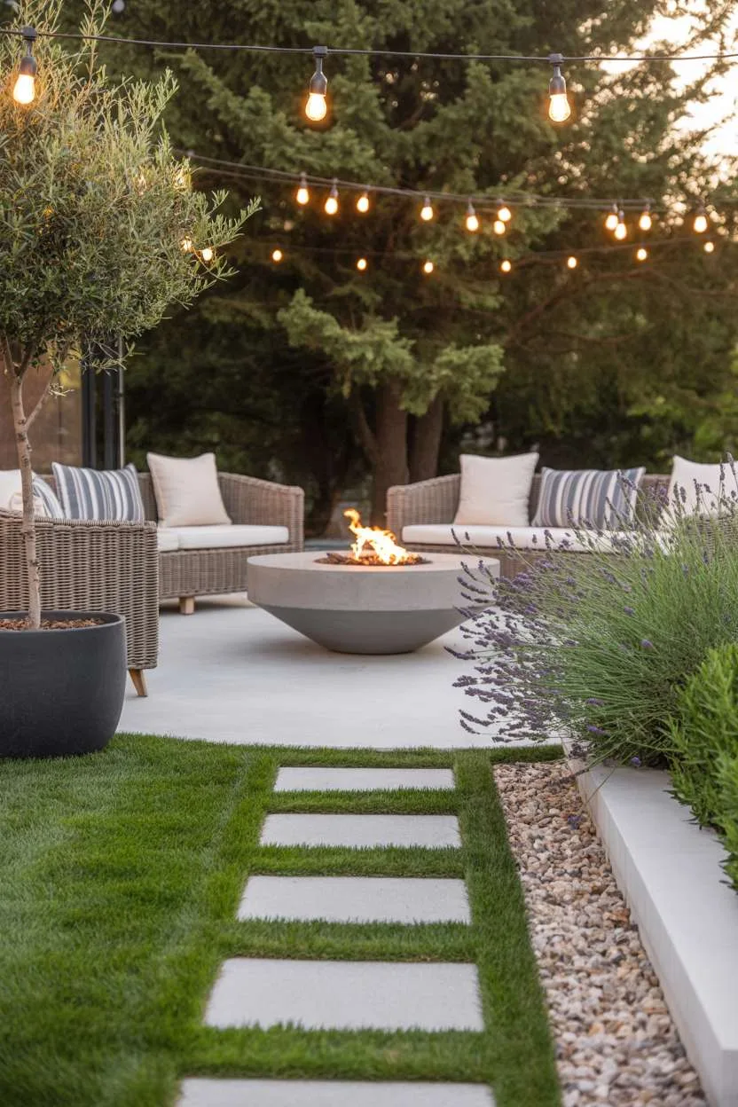 Minimalist concrete fire pit on grass and pea gravel patio with Edison bulb string lights