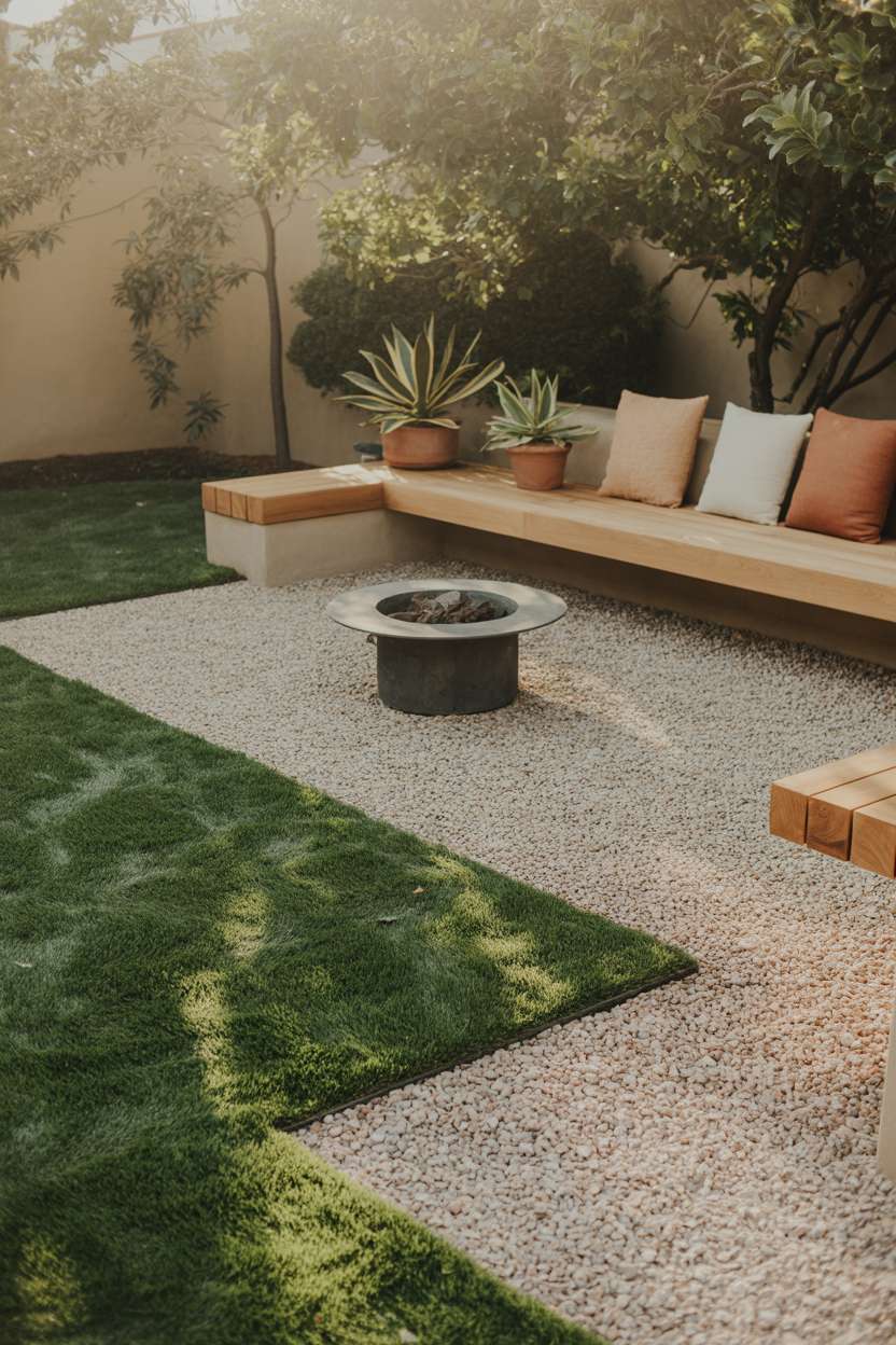 Teak bench with earth-tone pillows and dark grey stone fire pit on grass and pea gravel patio