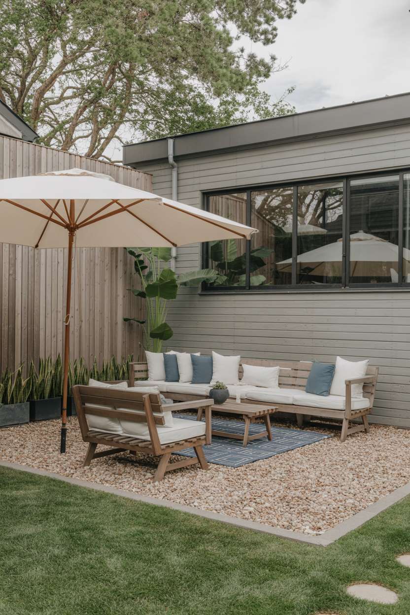 Curved wooden bench with white cushions and blue pillows under beige market umbrella on gravel