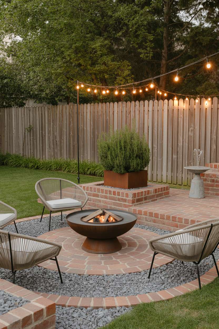 Woven chairs around black metal fire pit with glowing embers on brick and pea gravel patio