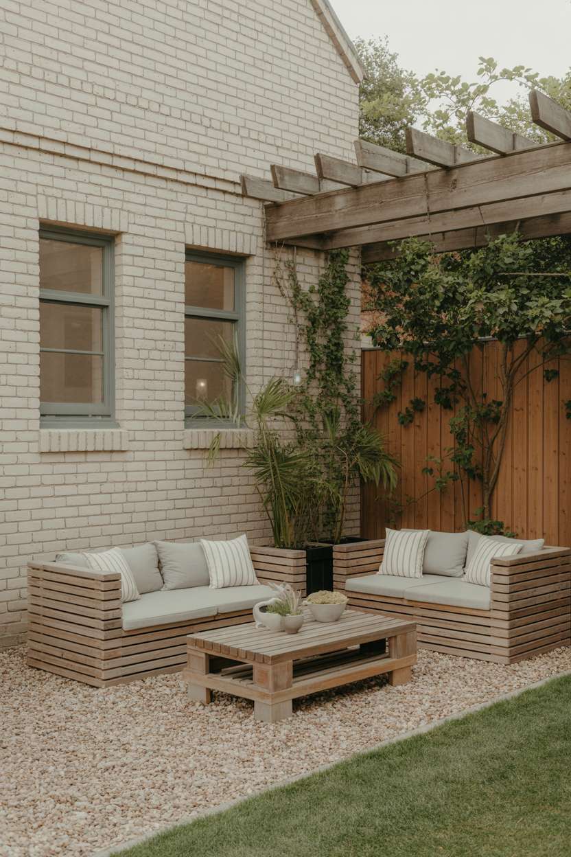 Wooden slatted outdoor sofas with gray cushions under pergola on beige gravel with climbing vines