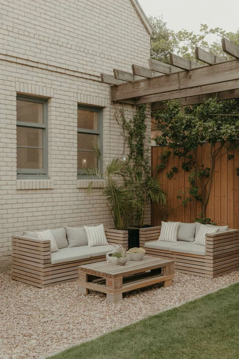 Wooden slatted outdoor sofas with gray cushions under pergola on beige gravel with climbing vines