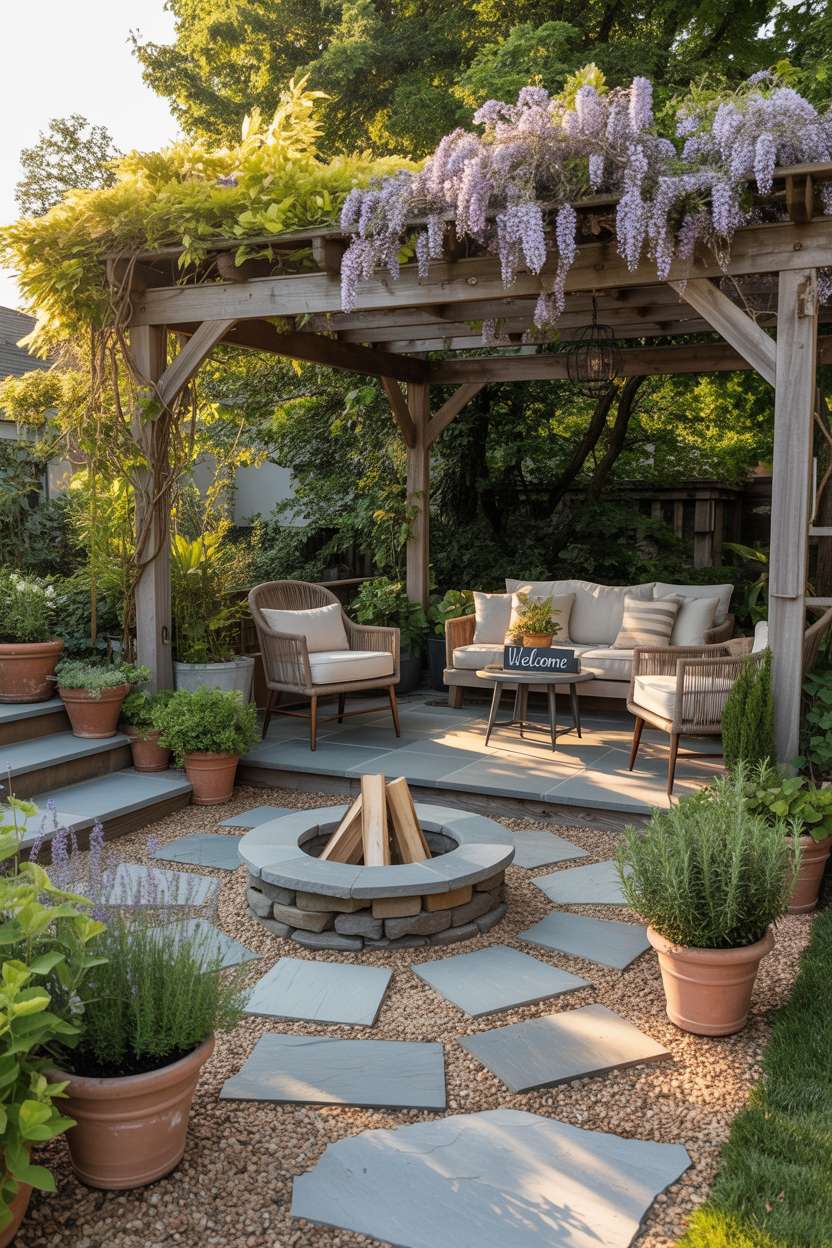 Grey flagstone patio with fire pit surrounded by potted lavender and rosemary under wisteria-covered pergola