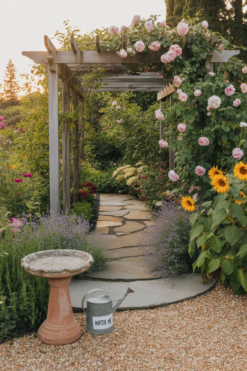 Weathered grey flagstone and tan pea gravel patio with stone birdbath surrounded by lavender, hydrangeas, and sunflowers