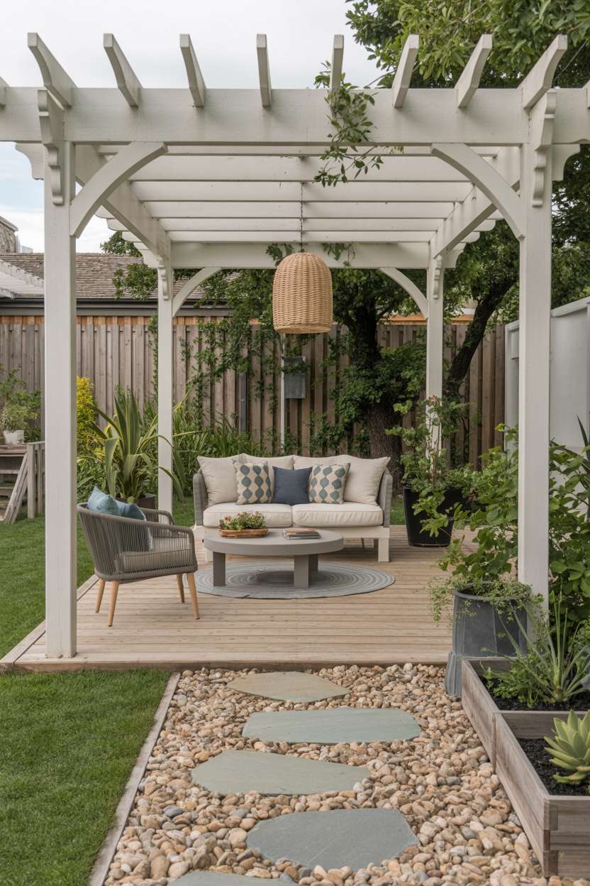 White wooden pergola with curved arches over gray sofa and coffee table on wooden deck with decorative rock garden path