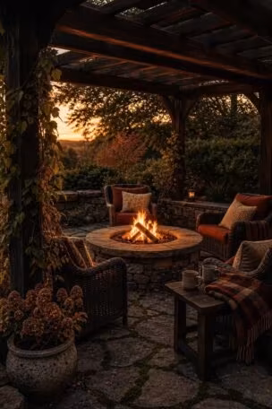 Cozy evening scene of a pergola over a stone fire pit with woven chairs, textured cushions, and warm golden light.