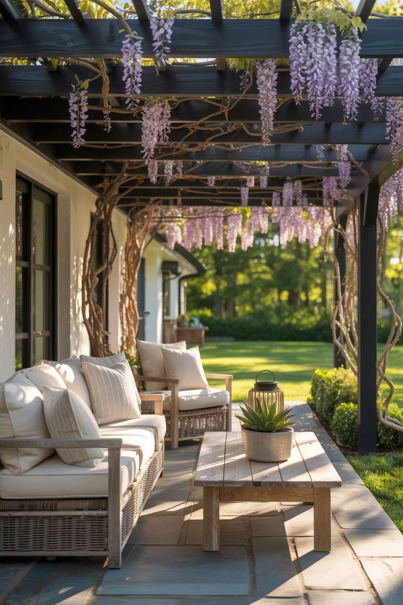 27 Gorgeous Pergola Patio Ideas to Transform Your Backyard 1 Dark wood pergola with purple wisteria vines over cream cushioned seating area