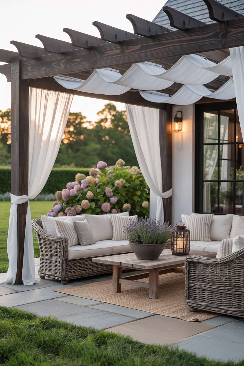 27 Gorgeous Pergola Patio Ideas to Transform Your Backyard 2 Dark wood pergola with flowing white fabric draping over wicker furniture