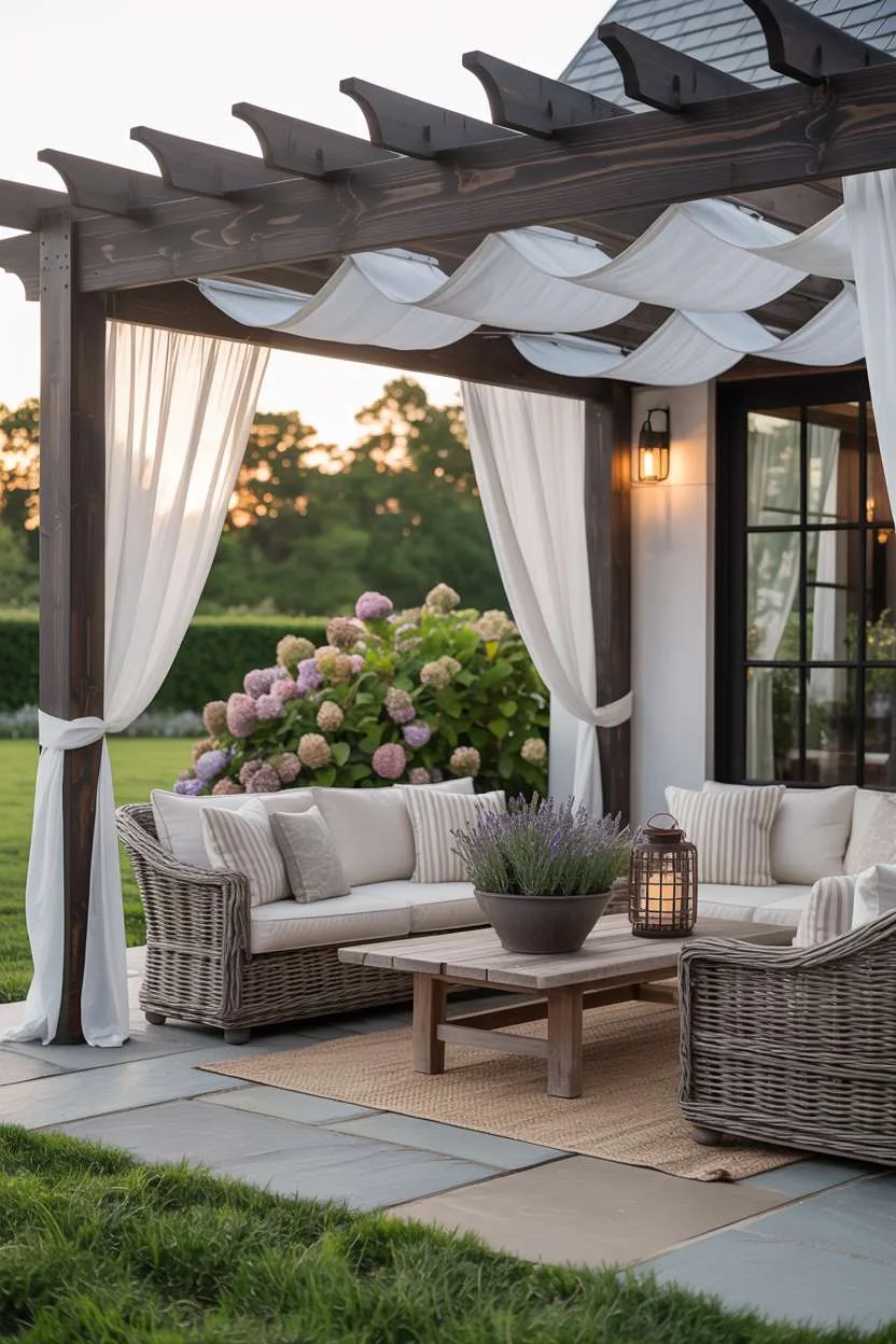27 Gorgeous Pergola Patio Ideas to Transform Your Backyard 2 Dark wood pergola with flowing white fabric draping over wicker furniture