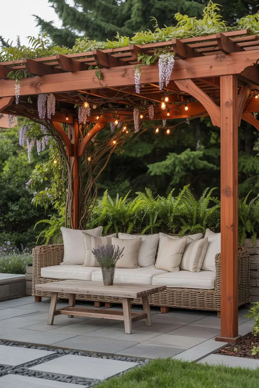 27 Gorgeous Pergola Patio Ideas to Transform Your Backyard 3 Cedar wood pergola with wisteria vines and fairy lights over cream rattan seating