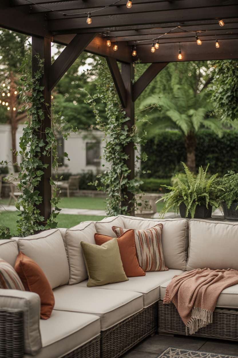 27 Gorgeous Pergola Patio Ideas to Transform Your Backyard 4 Dark wood pergola with climbing ivy and string lights over cream sectional sofa