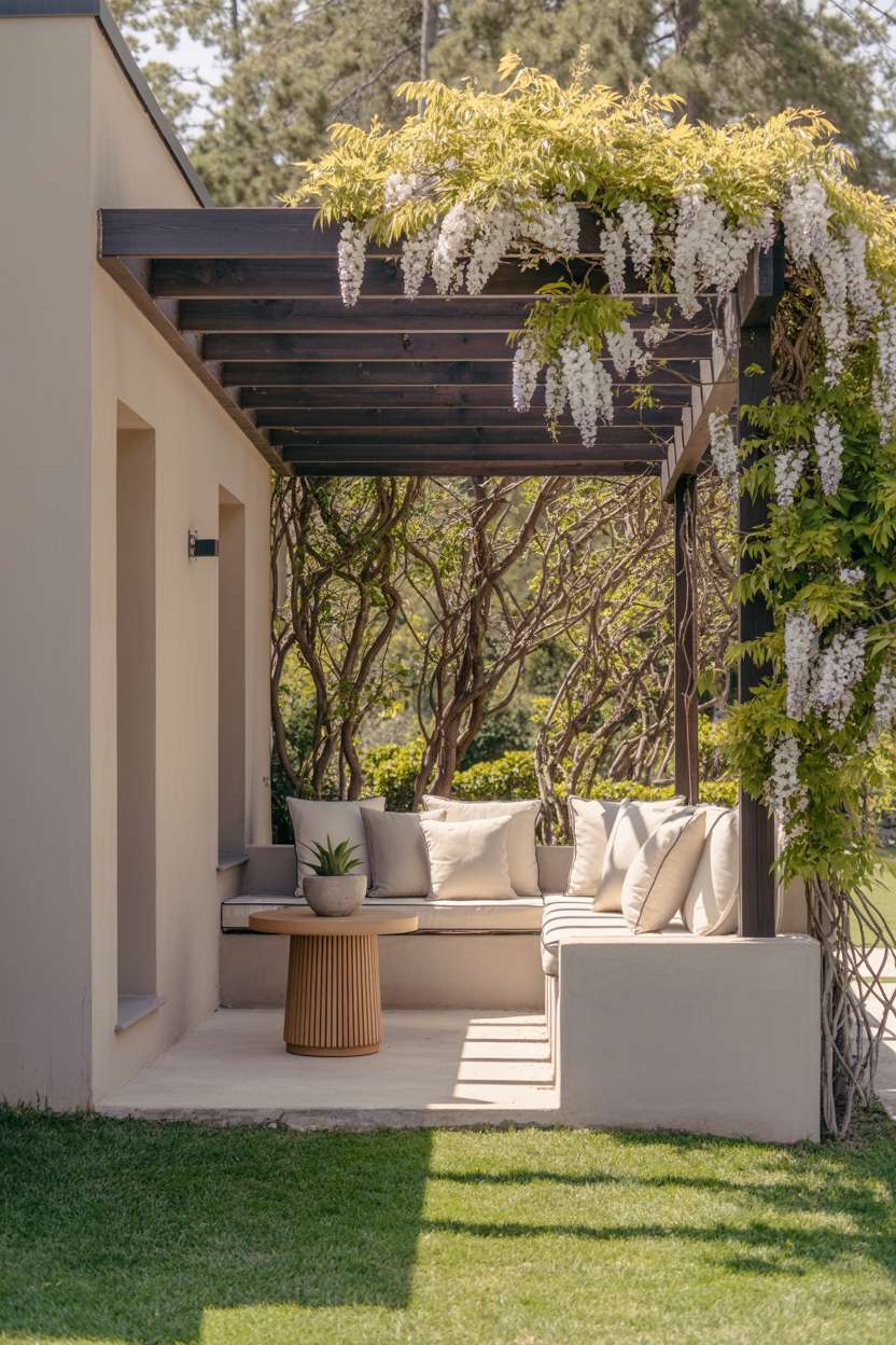 27 Gorgeous Pergola Patio Ideas to Transform Your Backyard 5 Dark wood pergola with white wisteria blooms attached to gray stucco house