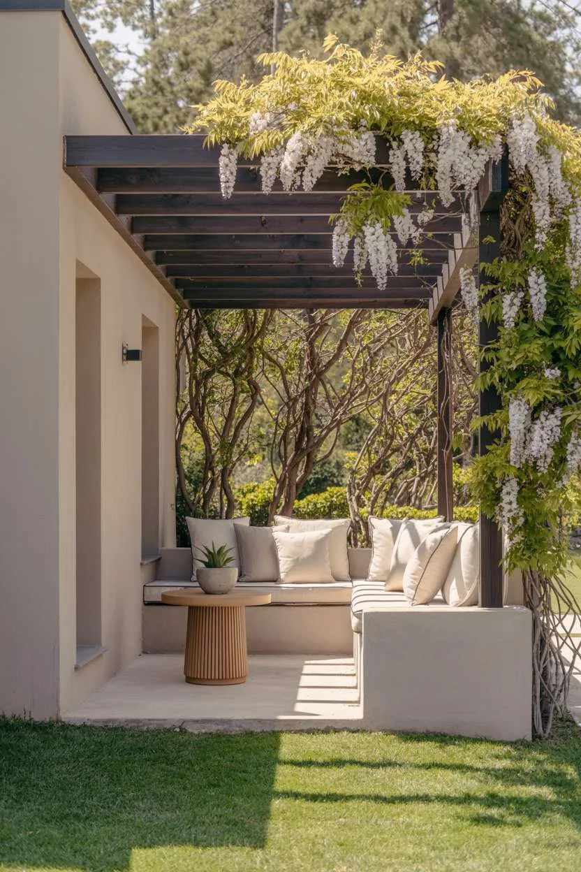 27 Gorgeous Pergola Patio Ideas to Transform Your Backyard 5 Dark wood pergola with white wisteria blooms attached to gray stucco house