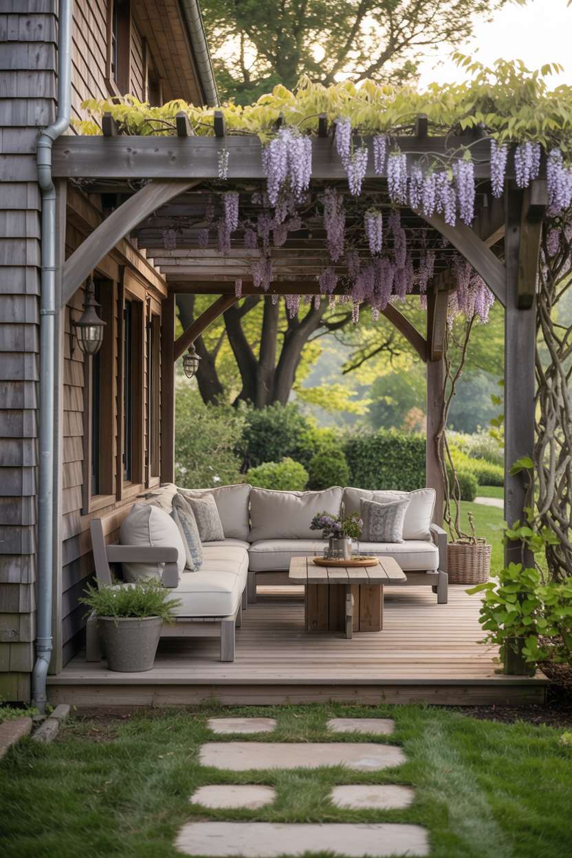 27 Gorgeous Pergola Patio Ideas to Transform Your Backyard 6 Dark wood pergola with purple wisteria over cream sectional with stone pathway