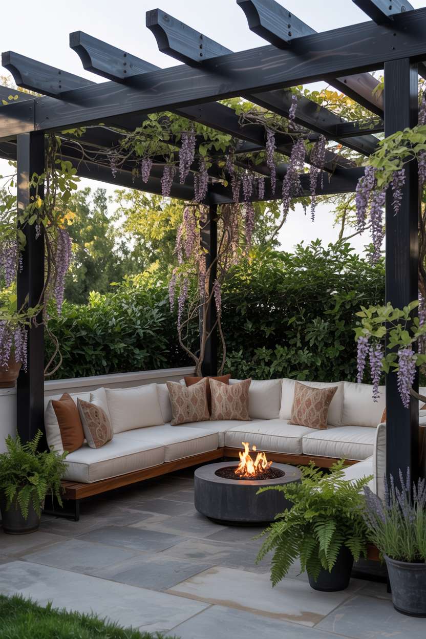 27 Gorgeous Pergola Patio Ideas to Transform Your Backyard 7 Dark wood pergola with wisteria vines over seating area with circular fire pit