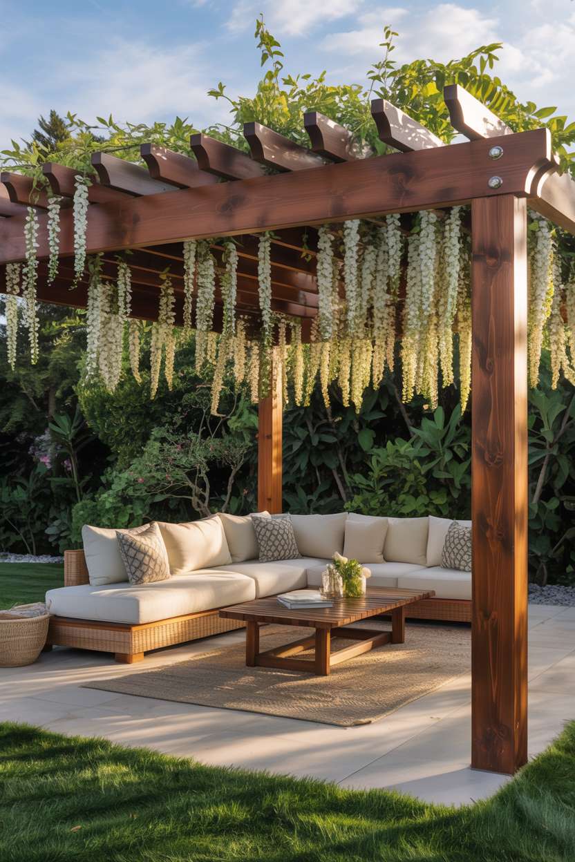 27 Gorgeous Pergola Patio Ideas to Transform Your Backyard 8 Cedar pergola with white wisteria and cream sectional sofa with woven rug
