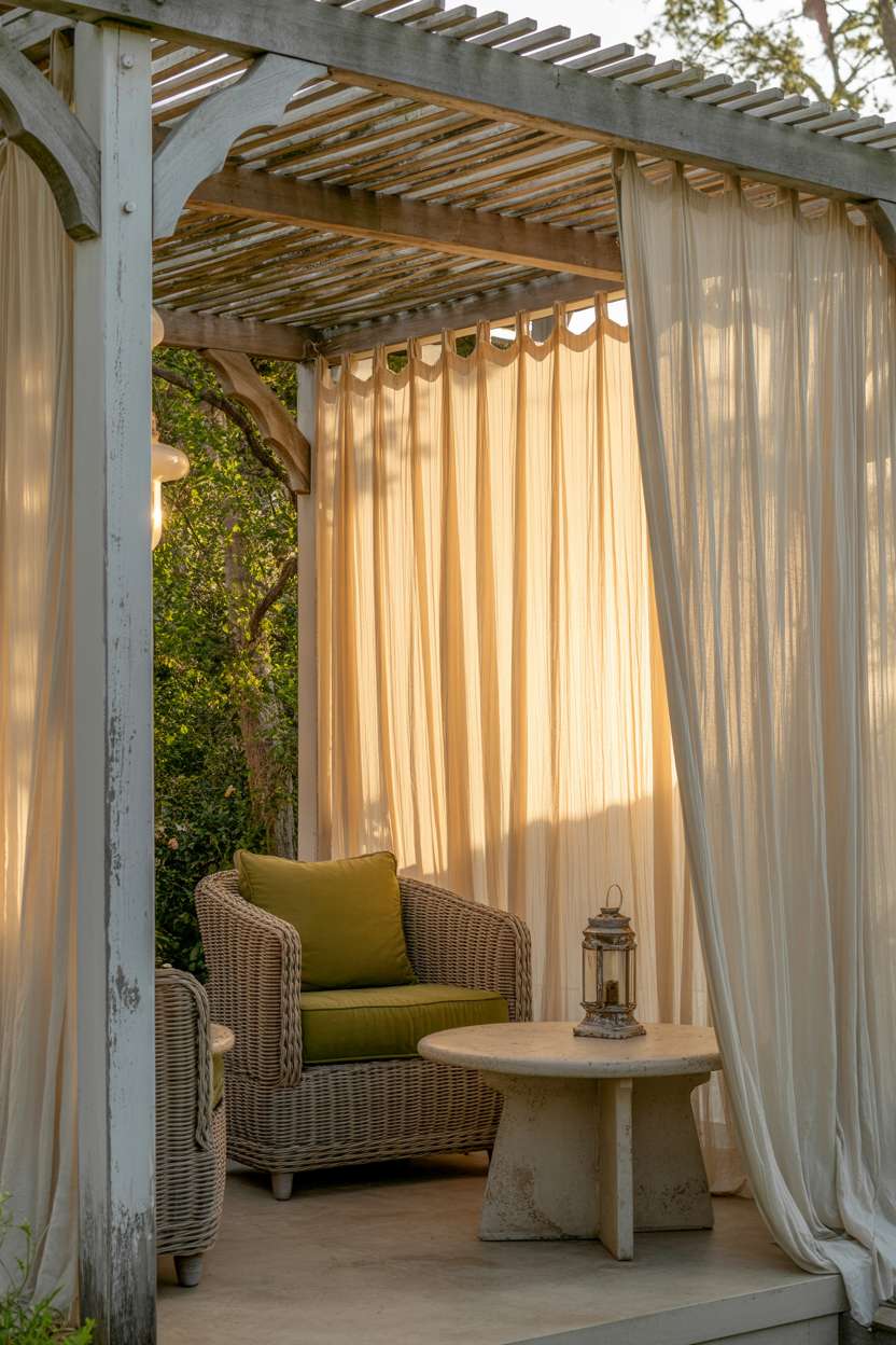27 Gorgeous Pergola Patio Ideas to Transform Your Backyard 9 Weathered white pergola with sheer cream fabric and moss-green cushioned wicker chair