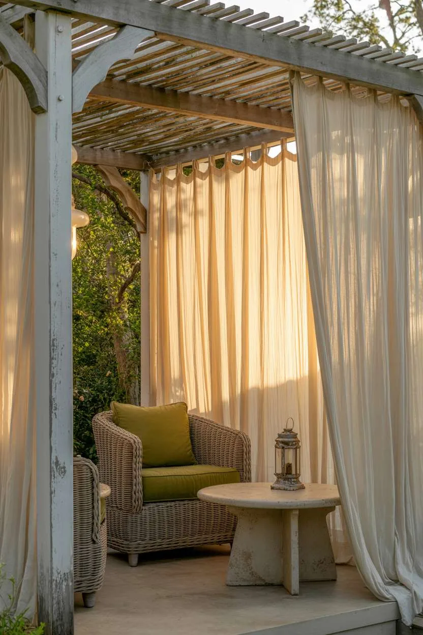27 Gorgeous Pergola Patio Ideas to Transform Your Backyard 9 Weathered white pergola with sheer cream fabric and moss-green cushioned wicker chair