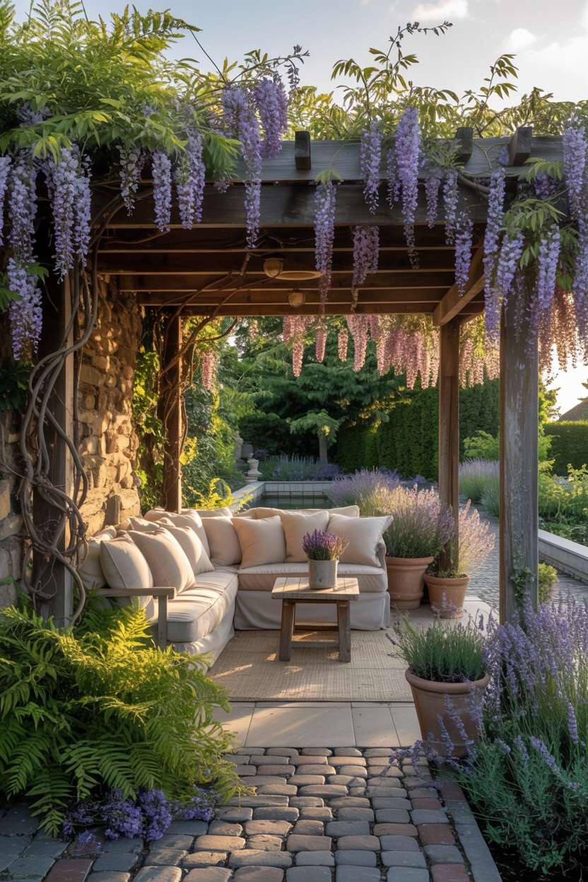 27 Gorgeous Pergola Patio Ideas to Transform Your Backyard 10 Wooden pergola with lavender wisteria over cream seating with cobblestone path